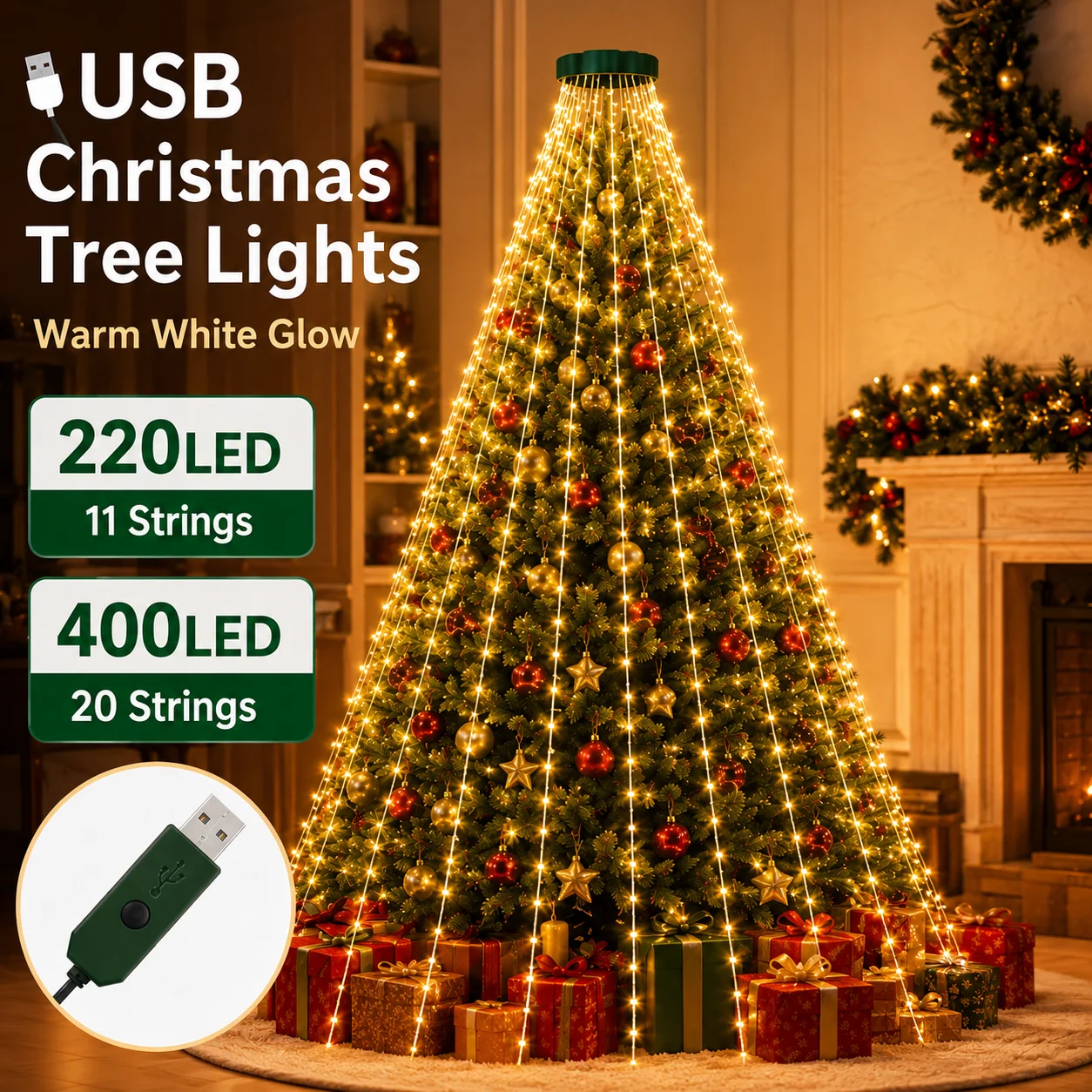 USB Christmas Tree Lights Top Ring String Lights 220/400LED 8 Modes Full Tree Coverage Easy Setup Indoor Christmas Decor