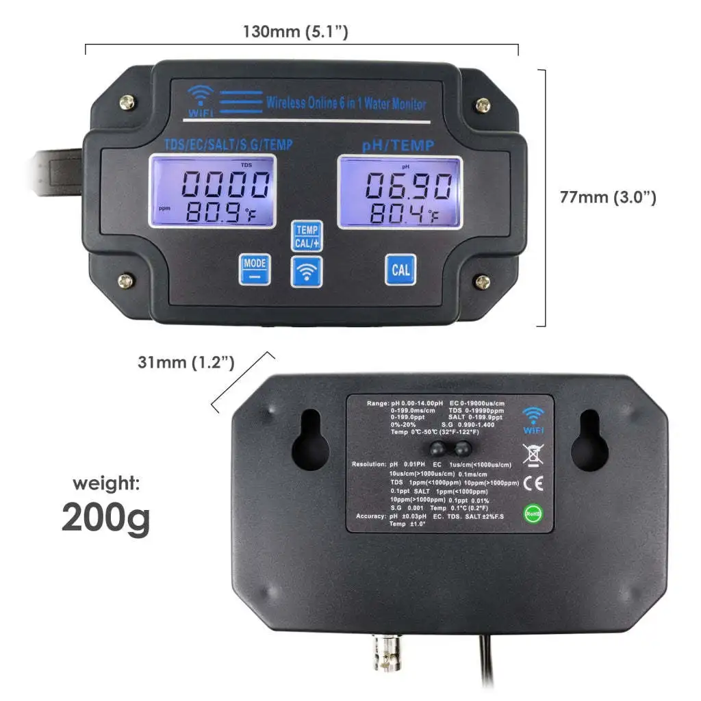 Effective WiFi‑enabled 6‑in‑1 Multi‑functional Water Quality Meter, Digital Tester PH TDS Temp EC Salinity Real‑time Online