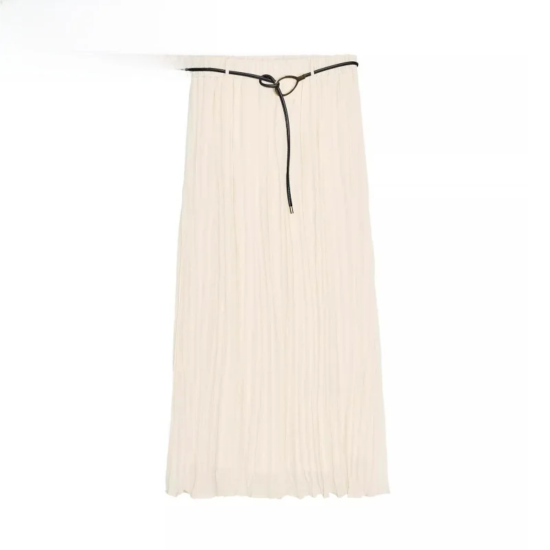 

High Waist Midi Skirt with Belt Pleated New Summer Women's Faion A-Line Skirt Commute Sle Mid-Length Color