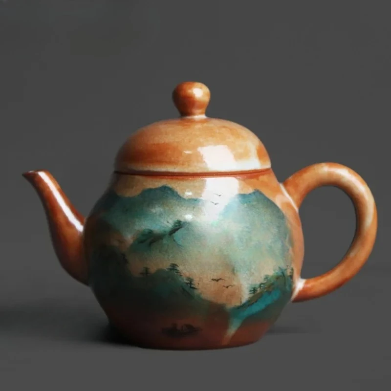 

Чайник-заварник Shino из фарфора, обожженного на дровах, 120 мл, с ландшафтным рисунком в стиле фамбе, коллекционный, с отверстием для заварки