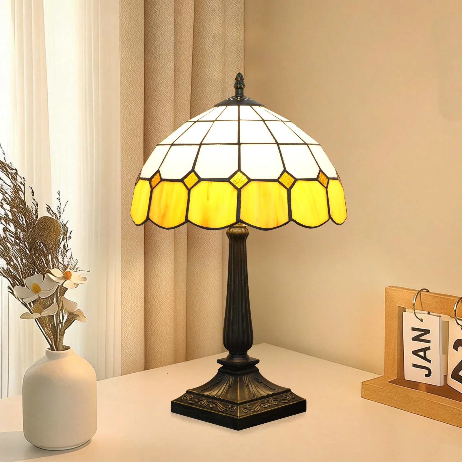 

Table Lamp Tiffany-Style 12“ Mediterranean Stained Glass Bedside Lamp Reading Antique Desk Light Bedroom Office Vintage Art