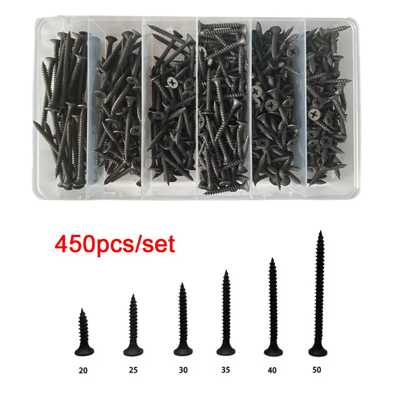 

450pcs M3.5 Black Cross Countersunk Head Self Tapping Screw Set High-strength Self Tapping Screw Gypsum Board Screw Sets