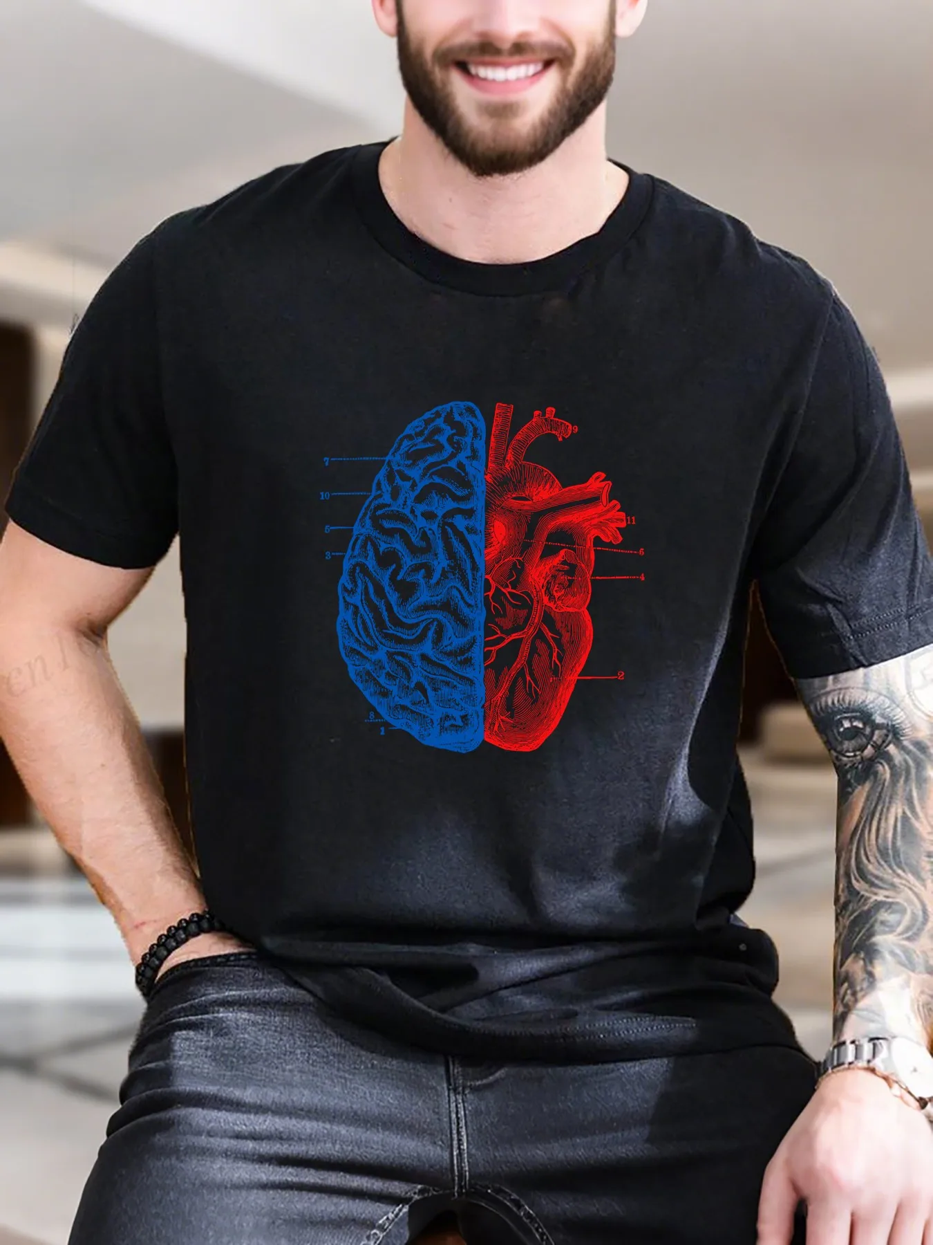 

Men's Printed Short Sleeve T-Shirt - Red & Blue Flag Design, 100% Cotton, Breathable & Comfortable, Casual Summer Top, Trendy &