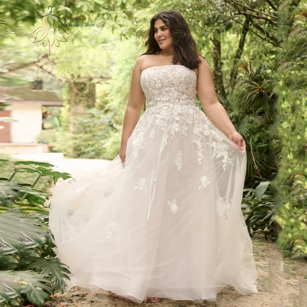 

Pastrol Tulle Customized Wedding Dresses Plus Size Strapless Neck Sleeveless Bride Gowns Appliques Floor Length A-Line