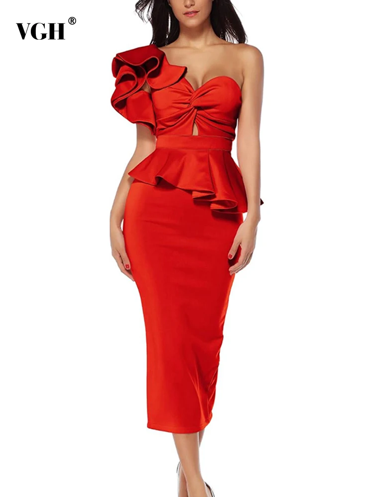 

VGH Solid Elegant Two Piece Set For Women Strapless Petal Sleeve Top High Waist Spliced Ruffles Bodycon Skirt Slim Sets Female