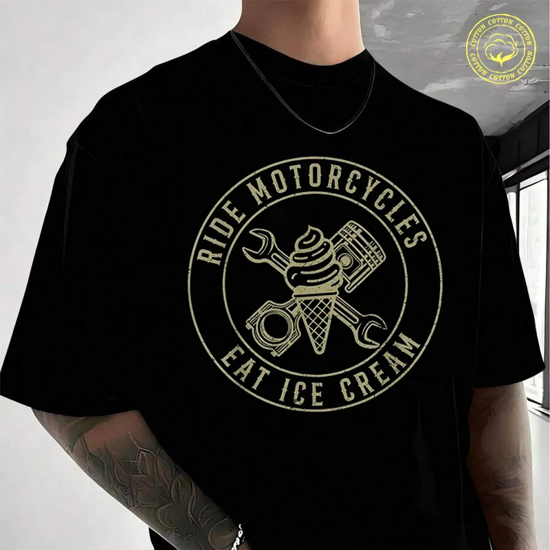 

Мужская хлопковая футболка с принтом "Ride Motorcycles Eat Ice Cream Moto", с круглым вырезом, коротким рукавом, модная, в стиле хип-хоп