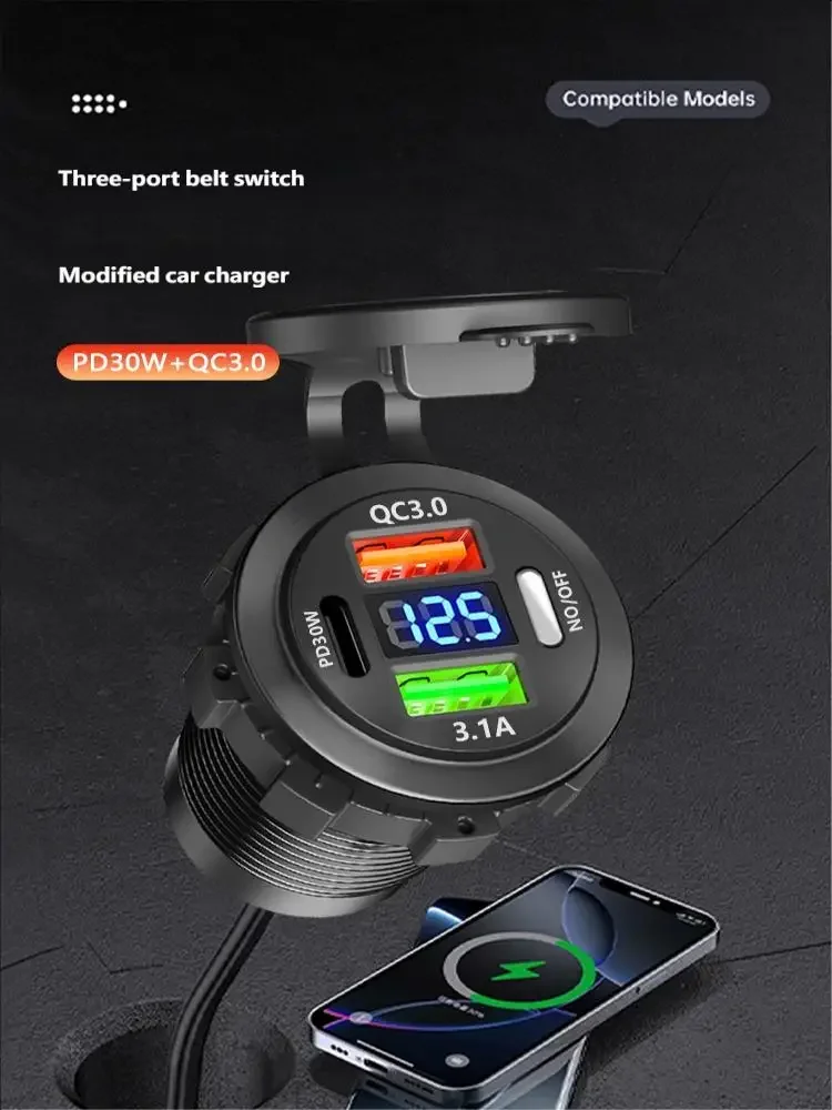 Autoladegerät-Buchse Typ C und Dual USB 3 Ports Schnellladebuchse wasserdicht mit Voltmeter 12 V/24 V für Boots- und Motorrad-Adapter