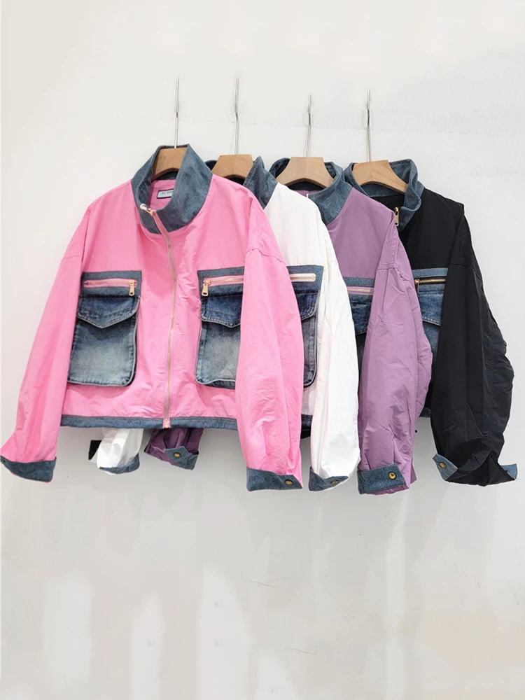 DEAT Fashion New Women\'s Spliced Denim Pockets Coat 2024 Summer Trendy Stand Collar Long Sleeve Zipper Jacket Female 29L7864