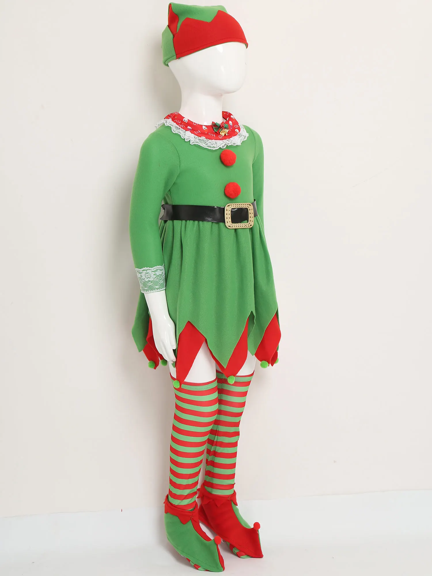 Kids Girls Long Sleeve Bell Lace Decor Christmas Elf Cosplay Dress with Hat Belt Sock Shoe Covers Xmas Party Performance Costume