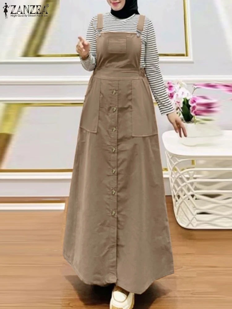 ZANZEA Muslimische Frauen Gesamtkleid Islamischen Hijab Urlaub Hosenträger Ärmellose Lange Vestidos Streetwear Arbeitskleidung Pinafore Kleid