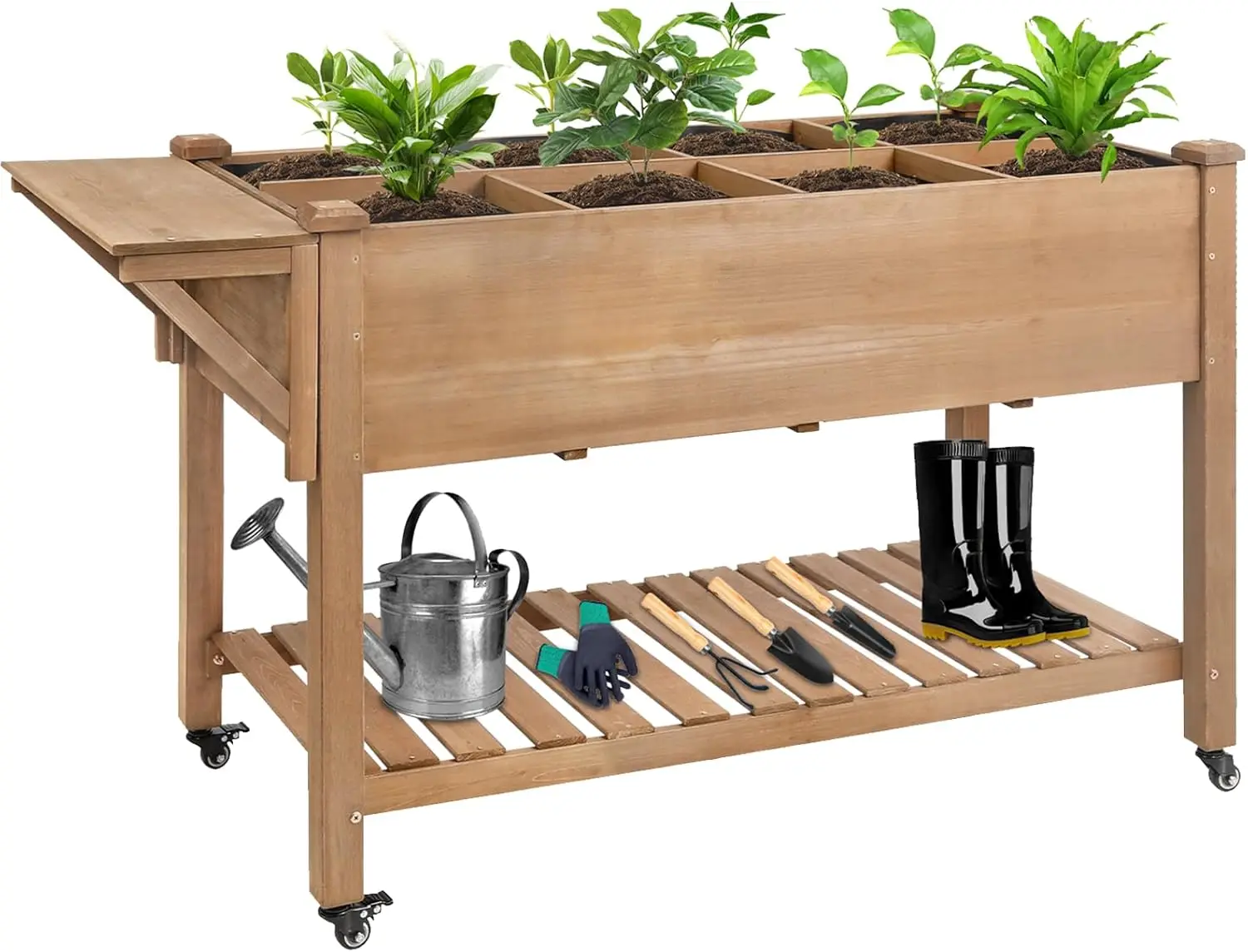 Mobile Elevated Wood Planter with Lockable Wheels, 55.5x24x32in, Natural Fir, Raised Garden Bed