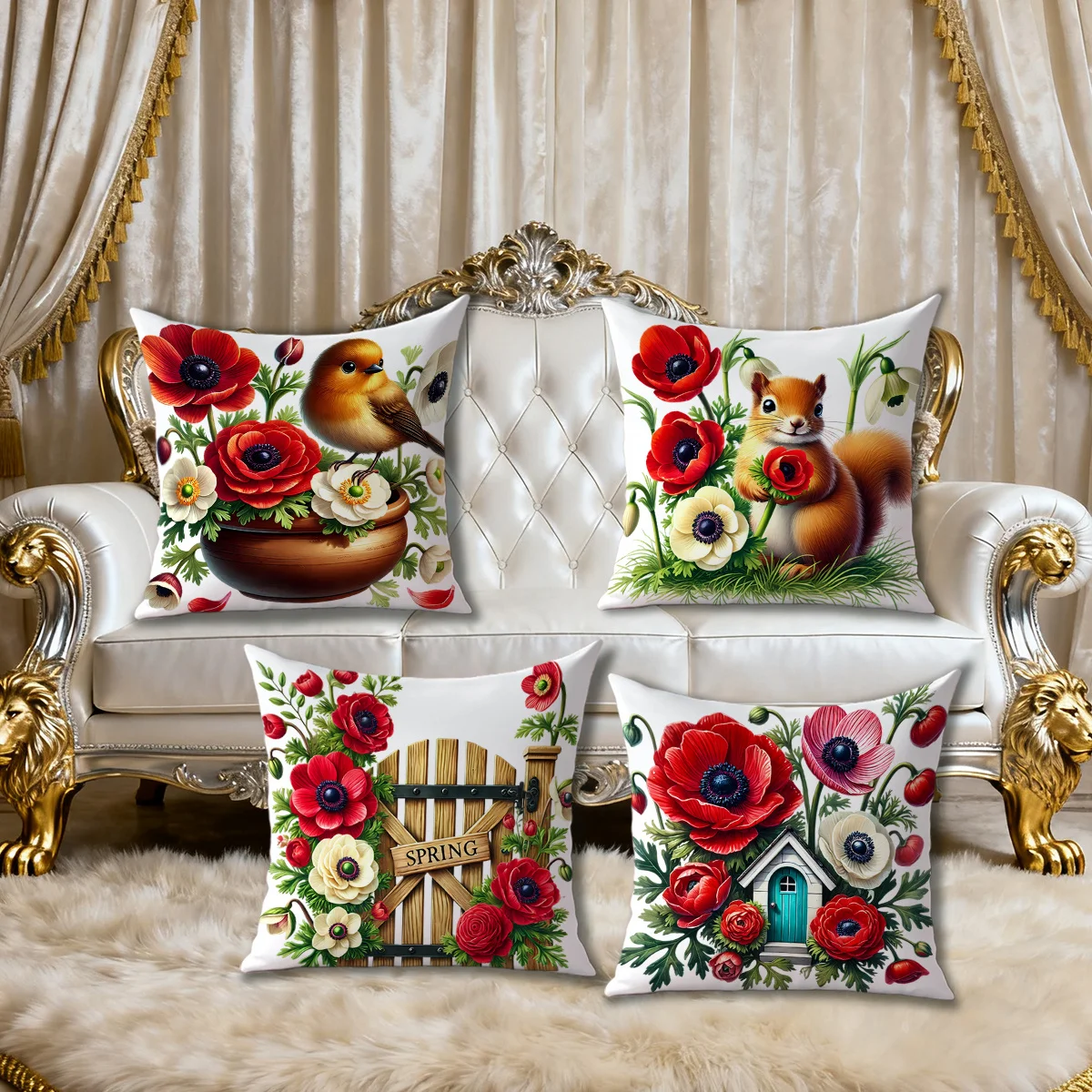 Romantic red poppy flowers digital printing pillow cover Short plush Suitable living rooms bedrooms sofas throw cushion cover
