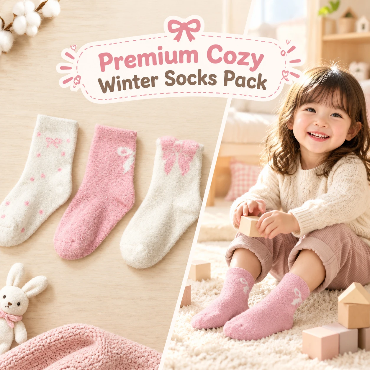 3 Pairs Girls Winter Fuzzy Socks Cute Bow Pattern Mid‑Calf Socks Elastic Thermal Warm Socks For Kids 1‑14 Years Old