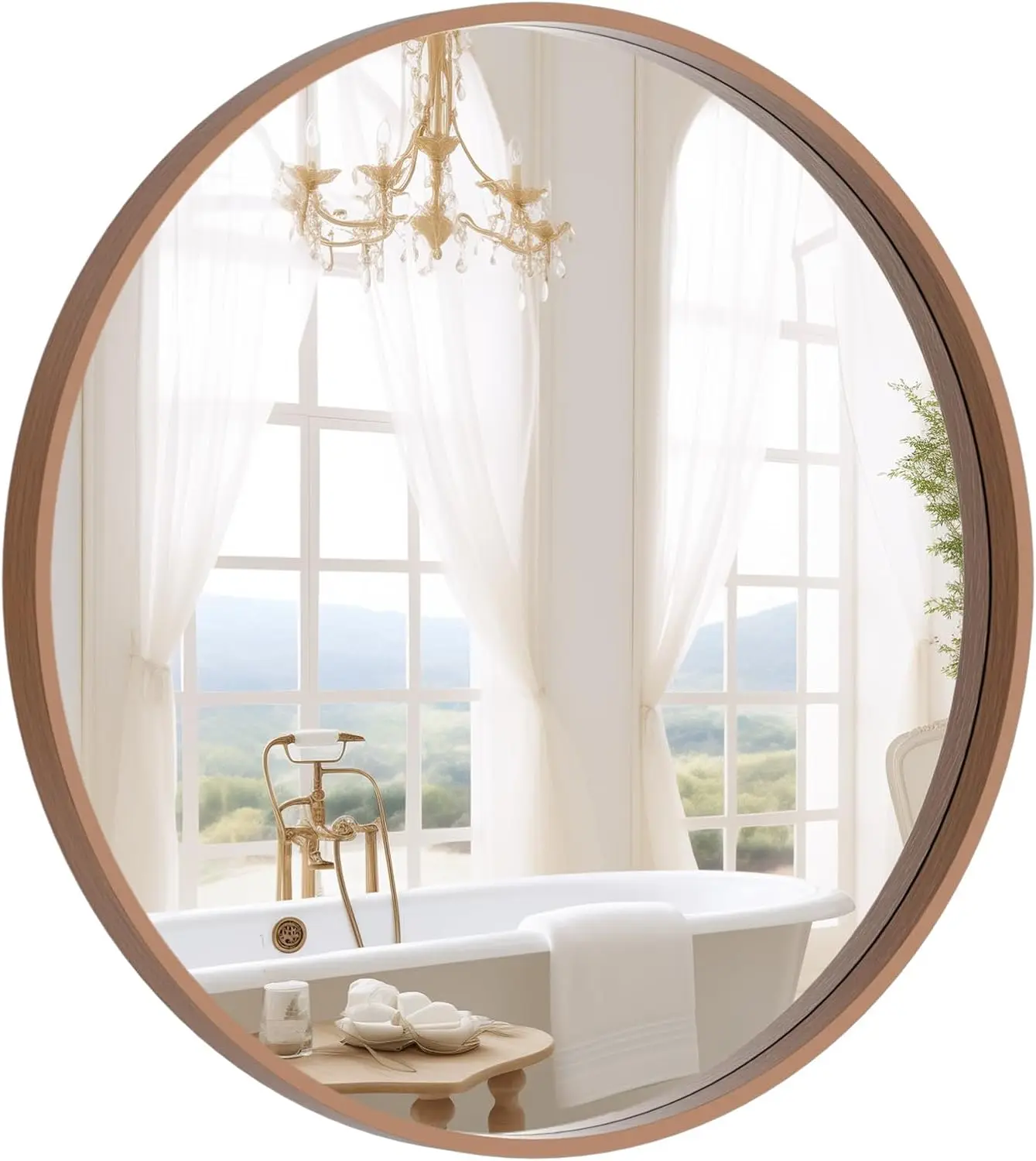 

24 Inch Wood Round Mirror with Sturdy Frame for Bathroom, Living Room, and Wall Decor in Walnut Finish