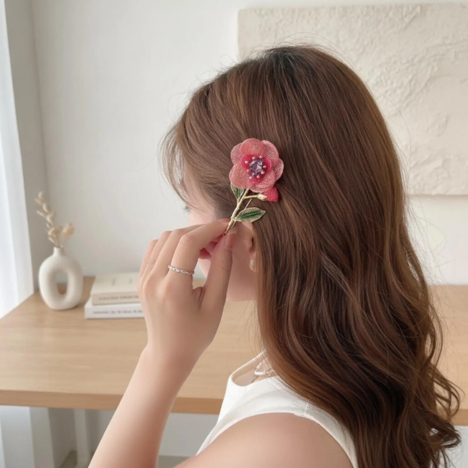 Cute Red Camellia Hair Clip for Women Girls Alloy Floral Barrette with Beaded Center for Party and Office Hairstyles
