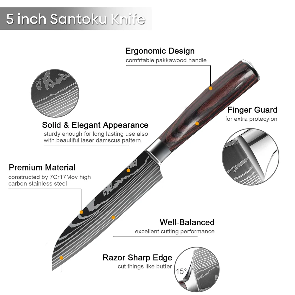 Cuchillo Santoku de alta calidad de 5 pulgadas, cuchillos de cocina de acero inoxidable 7CR17, cuchillo para cortar Ultra afilado para carne, verduras y frutas