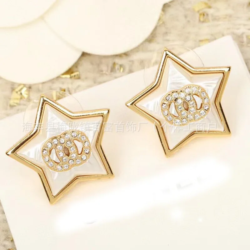 

Pentagram Double C Full Diamond Stud Earrings Simple Versatile Fashion Premium Earrings