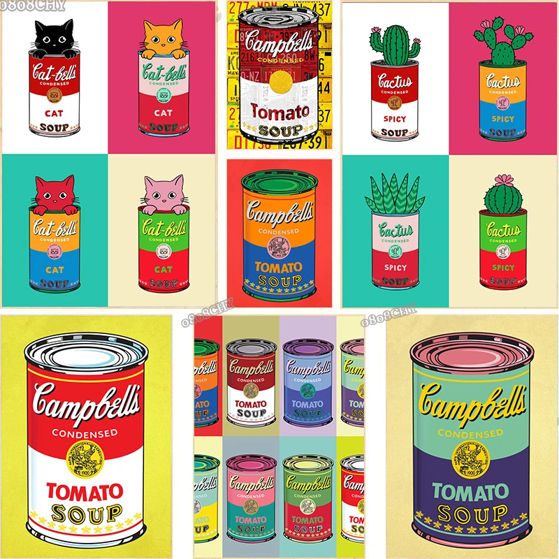 Cats Pop Art Cactus Soup Can Pop Art Graffiti Canvas Posters Colorful Campbells Soup Graffiti Pictures Mural Home Decor Painting