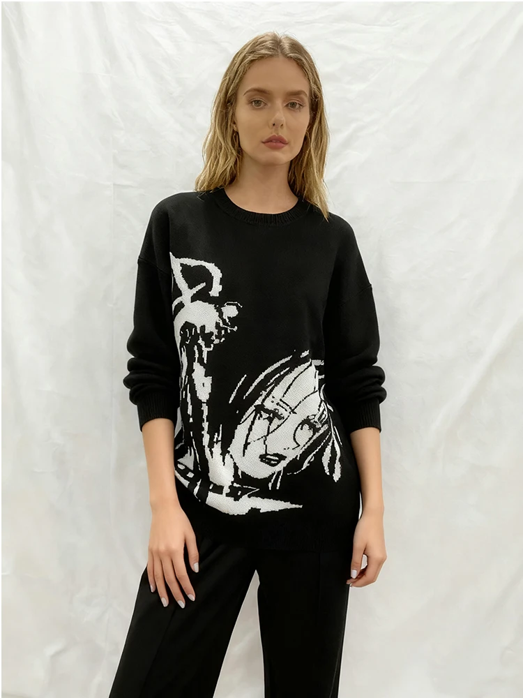 가을과 겨울 하라주쿠 인스 패션 고딕 레트로 니트 자카드 라운드 넥 루즈 스웨터 여성 스트리트 Y2k 의류