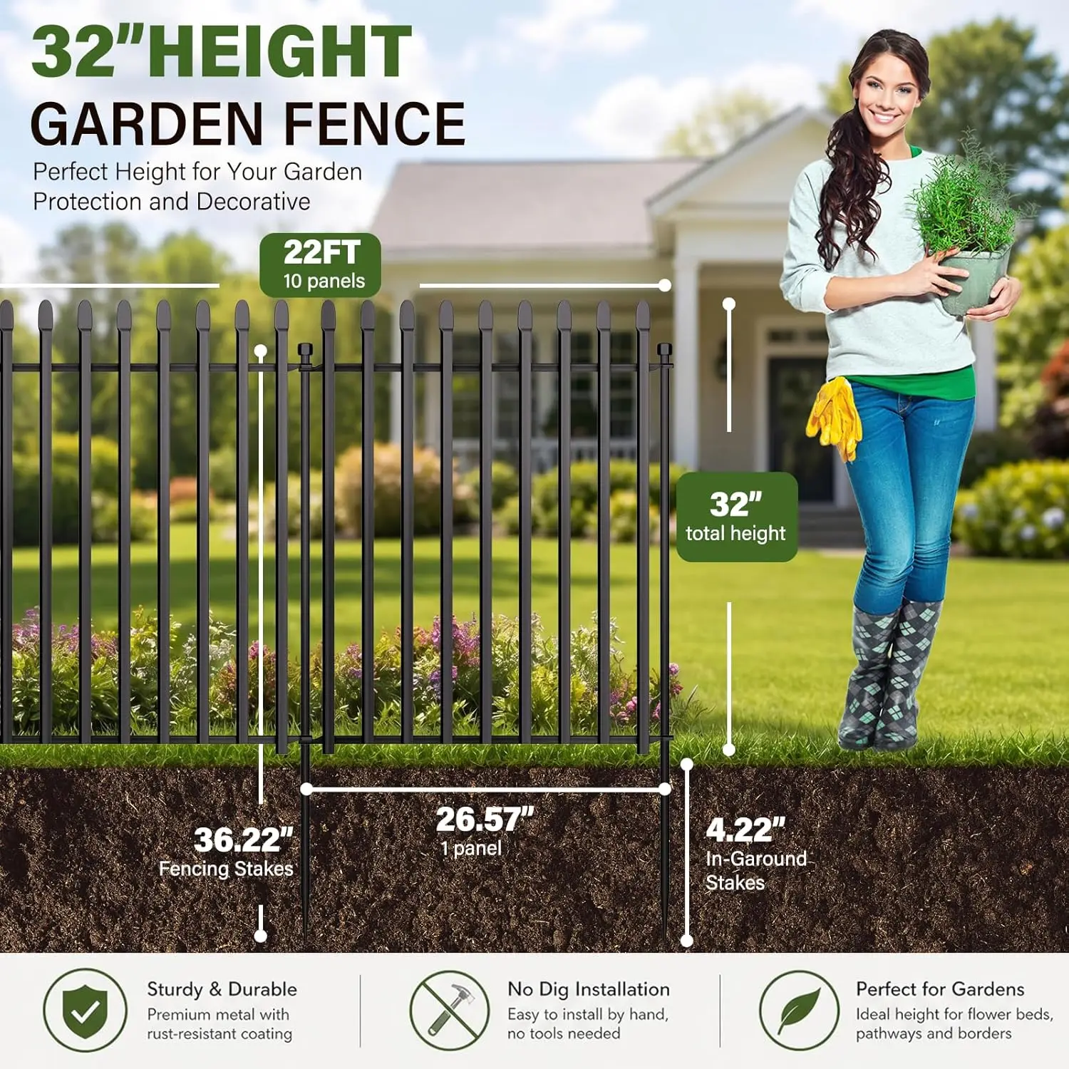 10 Panels No Dig Decorative Garden Fence, 32in(H) x 22ft(L) Heavy-Duty Rustproof Metal Panels, Outdoor Dog Barrier for Yard