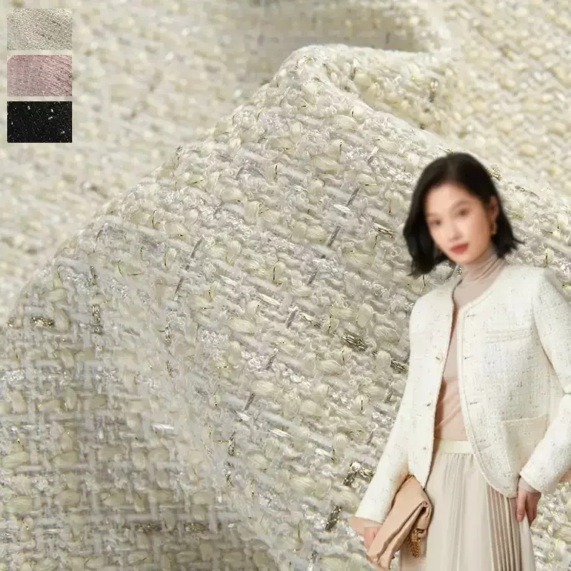 Beige Color and Gold Wire Yarn-dyed Tweed Fabric For Autumn Coat Dress Jacket Handbag DIY Cloth Sewing Material - view 3