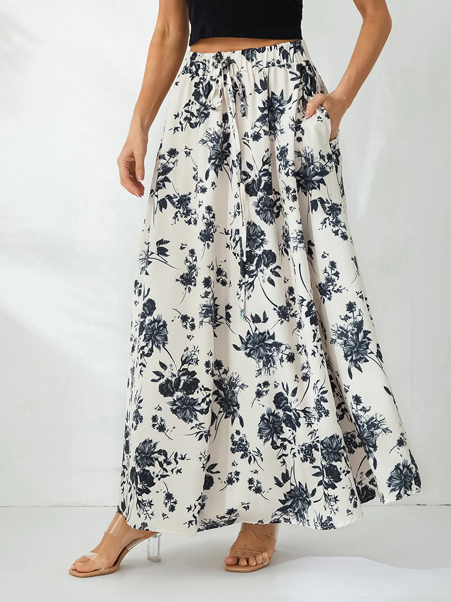 Women Long Flowy Skirt Elegant High Waisted Floral Print Summer Swing Skirt 2024