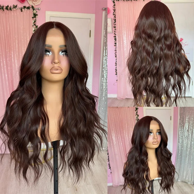 

Chocolate Brown Lace Wigs Daily Use Glueless Loose Wavy Women"s Wig Synthetic Hair High Heat Fibre Natural Real Soft Lace Wig