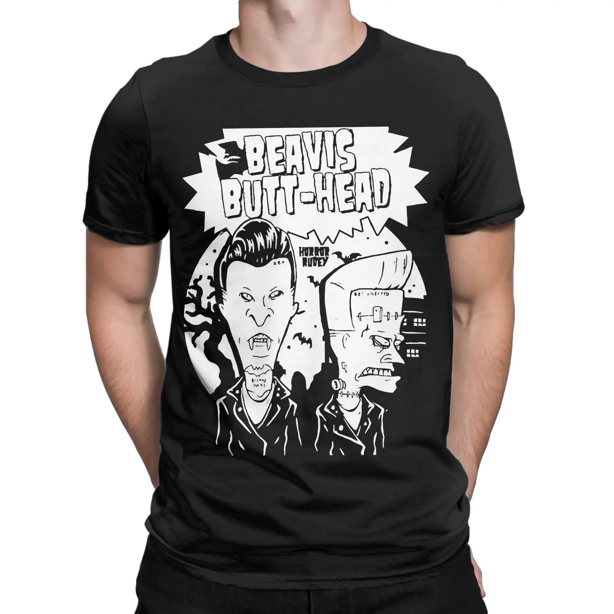 

Hip Hop Beavis and Butthead horror black and white T Shirt Men Cotton Short Sleeve Round Neck Summer Clothing