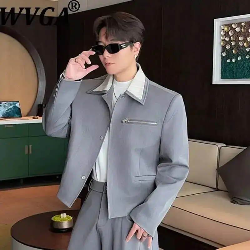WVGA Spring Autumn New Men Short Jacket Color-blocked Design High-end Niche Chic Casual Wide-leg Pants Two Pieces Set Ins W25553