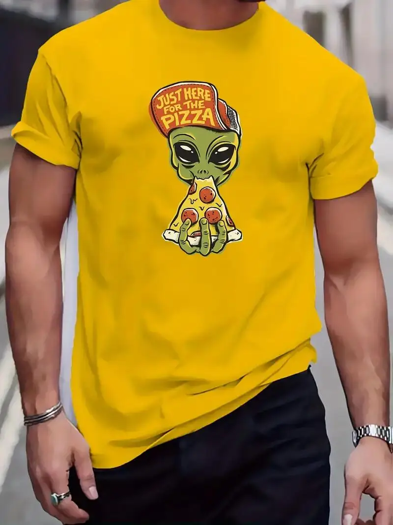 Alien Pizza Lover Men\'s T-Shirt - Quirky Design, Comfortable Mid-Stretch, Crew Neck, Perfect for Summer Outdoor Fun