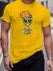 Alien Pizza Lover Men's T-Shirt - Quirky Design, Comfortable Mid-Stretch, Crew Neck, Perfect for Summer Outdoor Fun