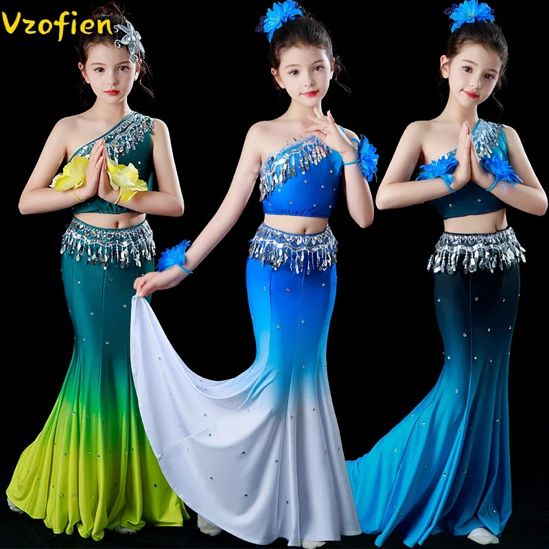 Girs Belly Dance Costume Indian Traditional Dress Peacock Dance Costumes Minority Folk Chinese Dai Dance Fish Tail  Dress