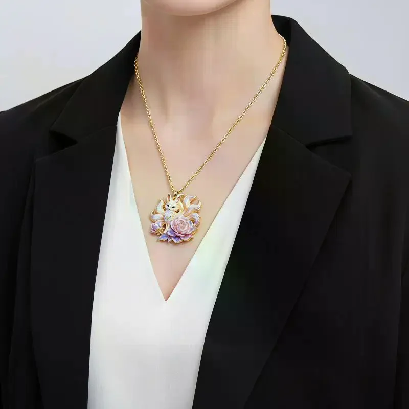 Exquisite Chinese Style Nine Tailed Fox Enamel Pendant Necklace Trendy Animal Pendant Daily Wear Jewelry Gift For Women