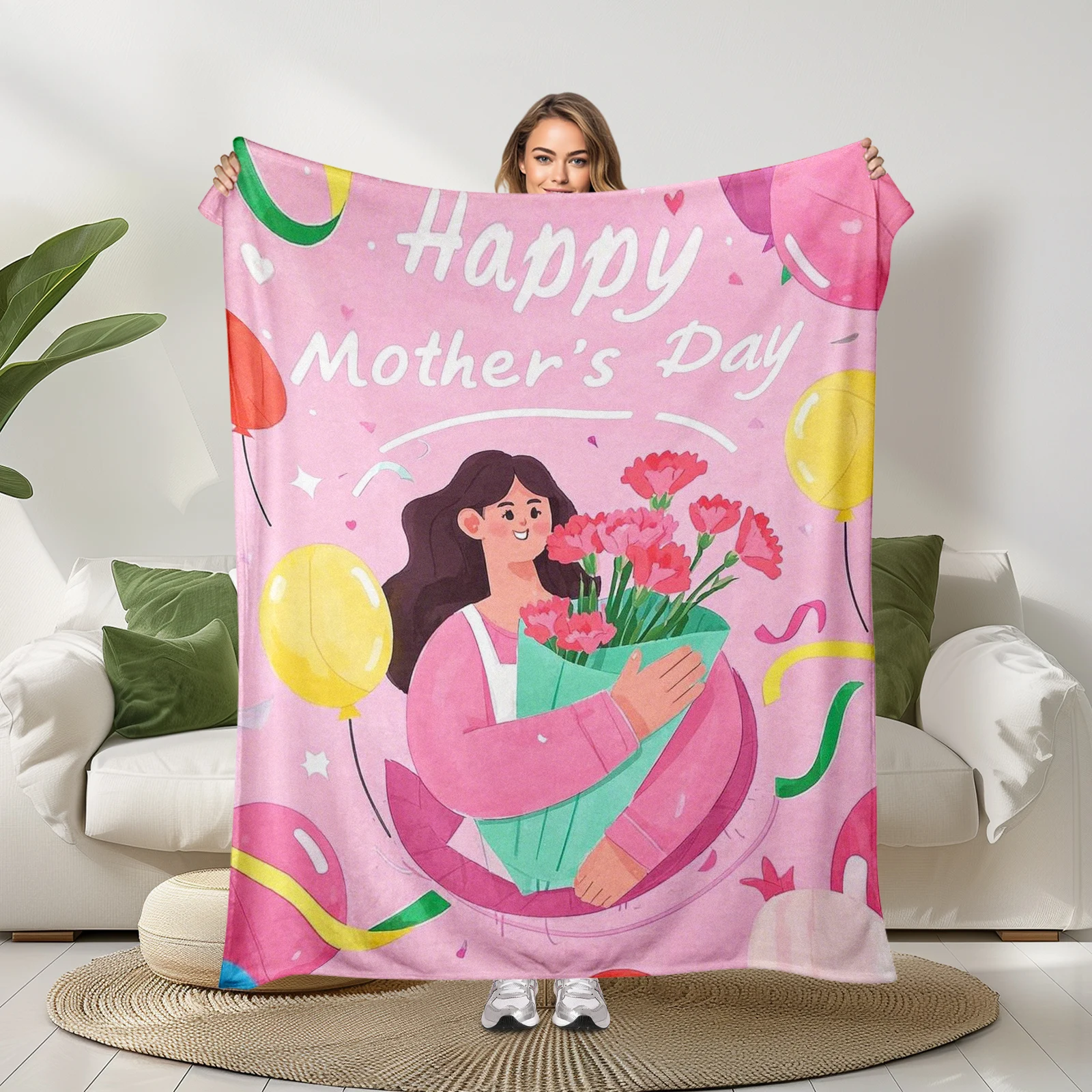 

Special Mothers Day Gift Cozy Flannel Blanket With Elegant Cartoon Woman And Warm Blessings