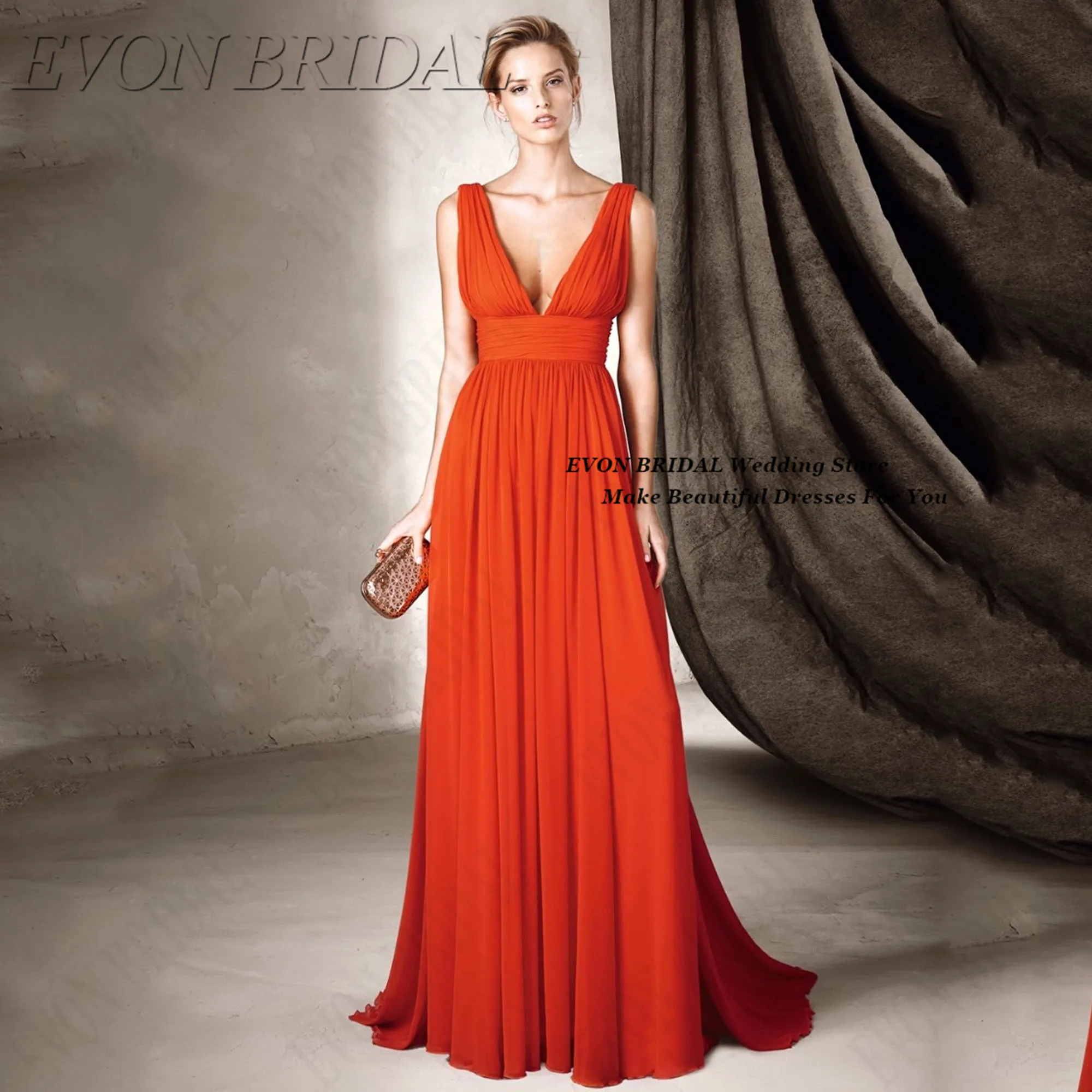 

V-Neck Customized Woman Robes De Soirée Red Chiffon Floor Length Evening Gown Formal Backless Zipper Ceremony Dress EVON BRIDAL