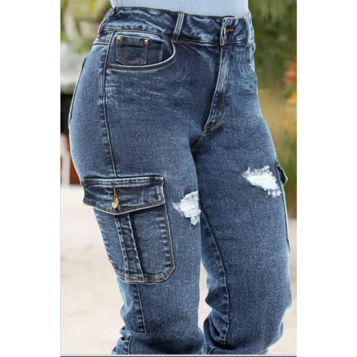 Dames jeans streetwear zakken gesplitste potloodbroek slim fit gaten noodlijdende broek casual denim broek zakken herfst winter