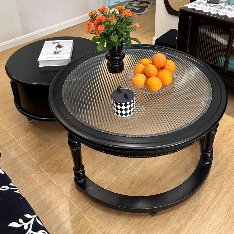 

American retro round all-solid wood combination coffee table, simple black