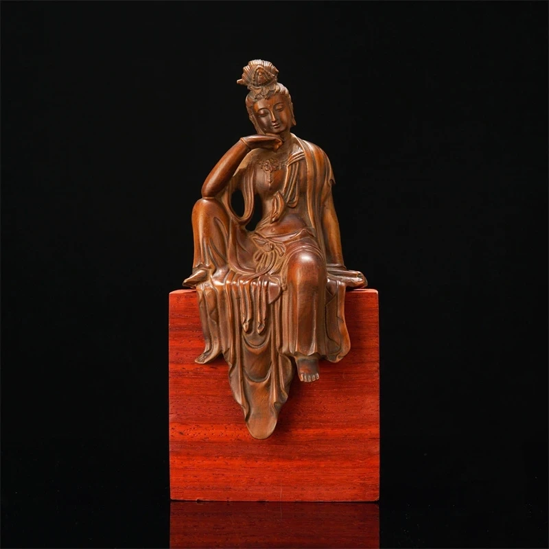 Sitting on wood Guan Yin statue meditation Bodhisattva Statue Wood Figure Handmade Buddha Statue Home Decoration Crafts Kuan Yin