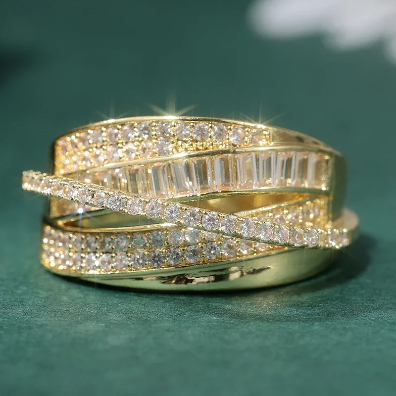 Elegant Multi Layered Interleave Ring For Women Inlay Sparkling Synthetic Zircon Golden Plated Ring Banquet Dinner Jewelry