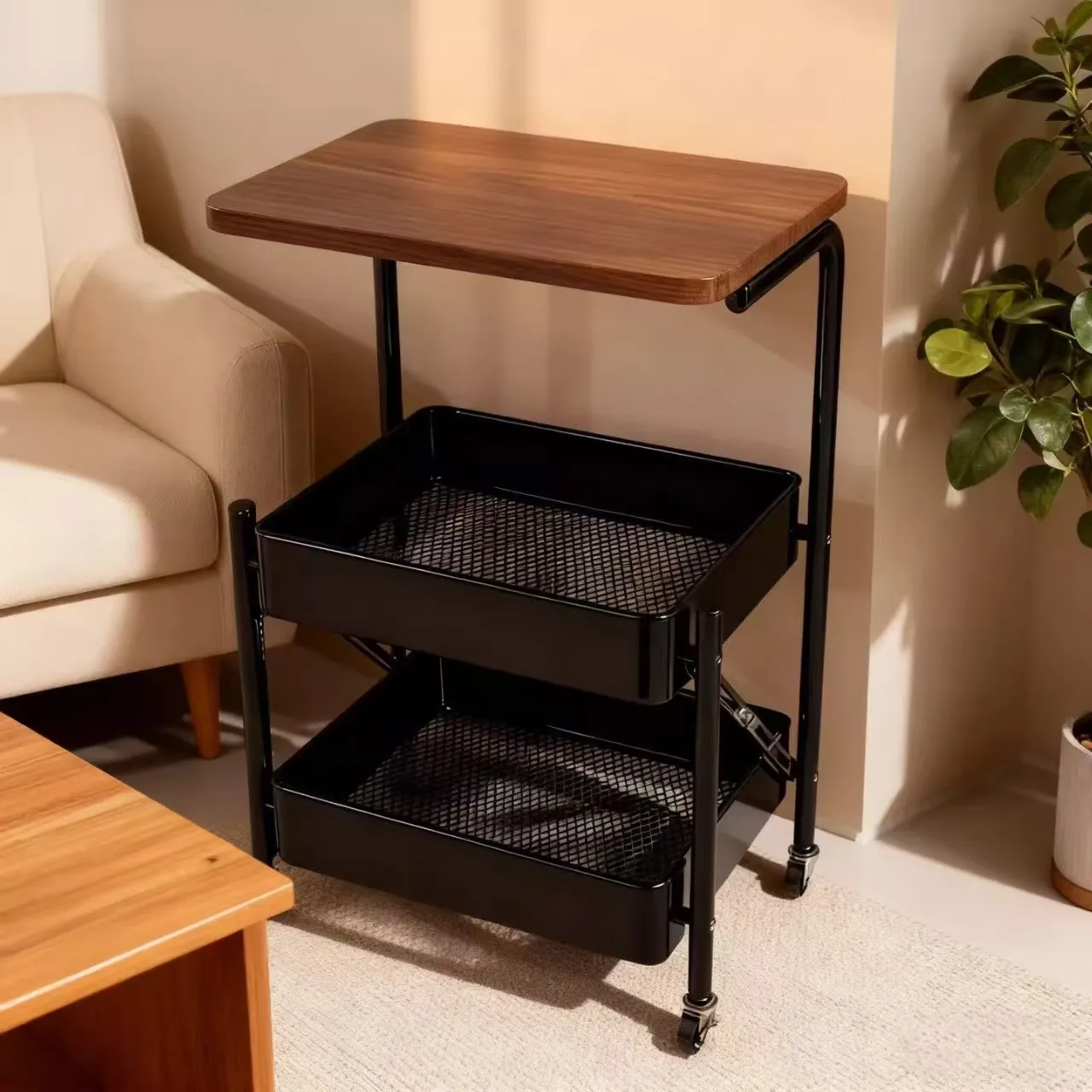 Vintage Folding Storage Trolley Floor Shelf Bedroom Nightstand Snack Storage Rack Coffee Table Living Room Side Table