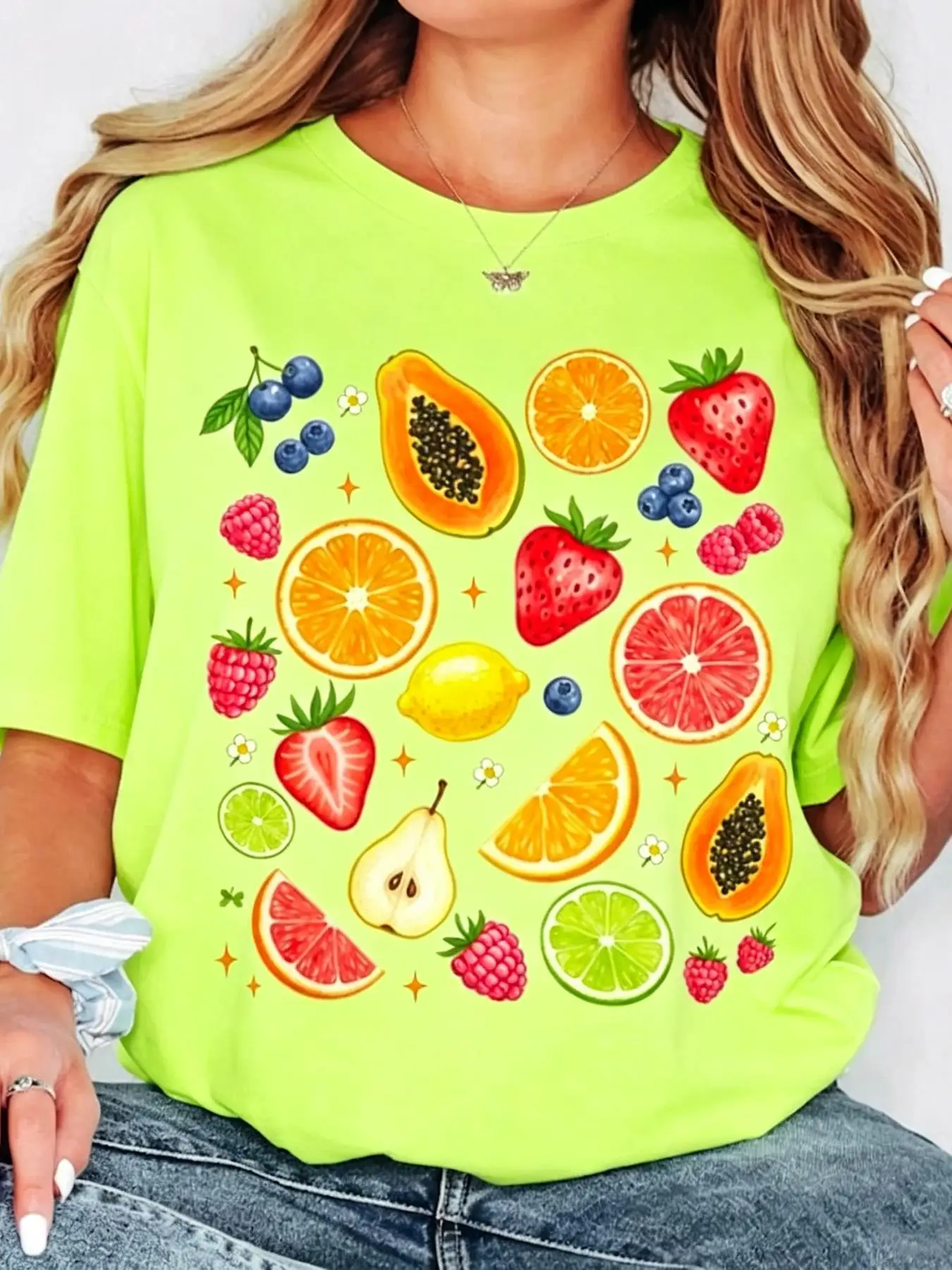 Bio-Frucht Orange Erdbeer-Print Damen T-Shirt Sommer Locker Kurzarm O-Ausschnitt Baumwoll-T-Shirts Y2K Atmungsaktives Sport-Oberteil