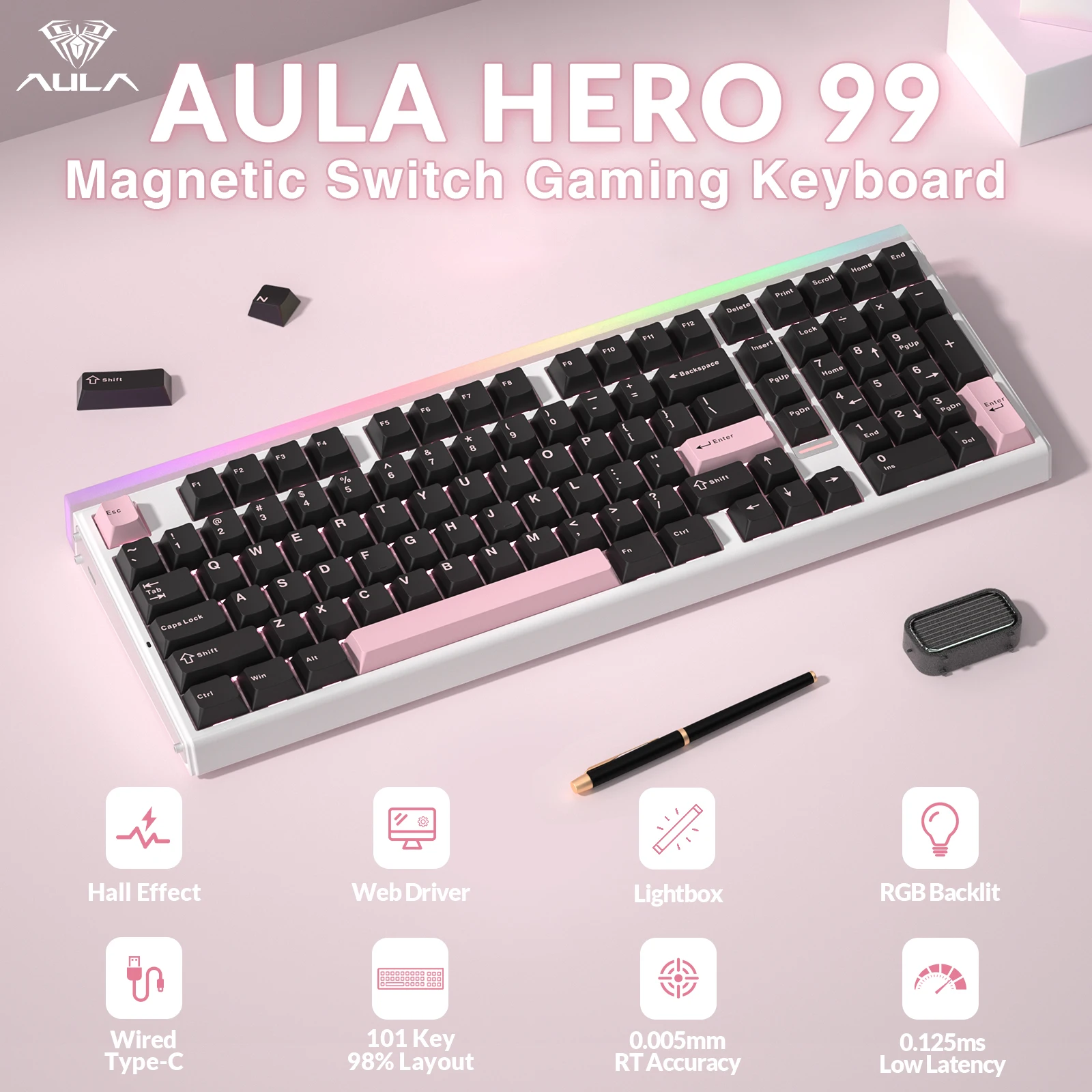 AULA HERO99 Wired Mechanical Keyboard Magnetic Switch Hall Effect 8K Rapid Trigger RGB 98% Layout Esports Keyboard For PC Gamer