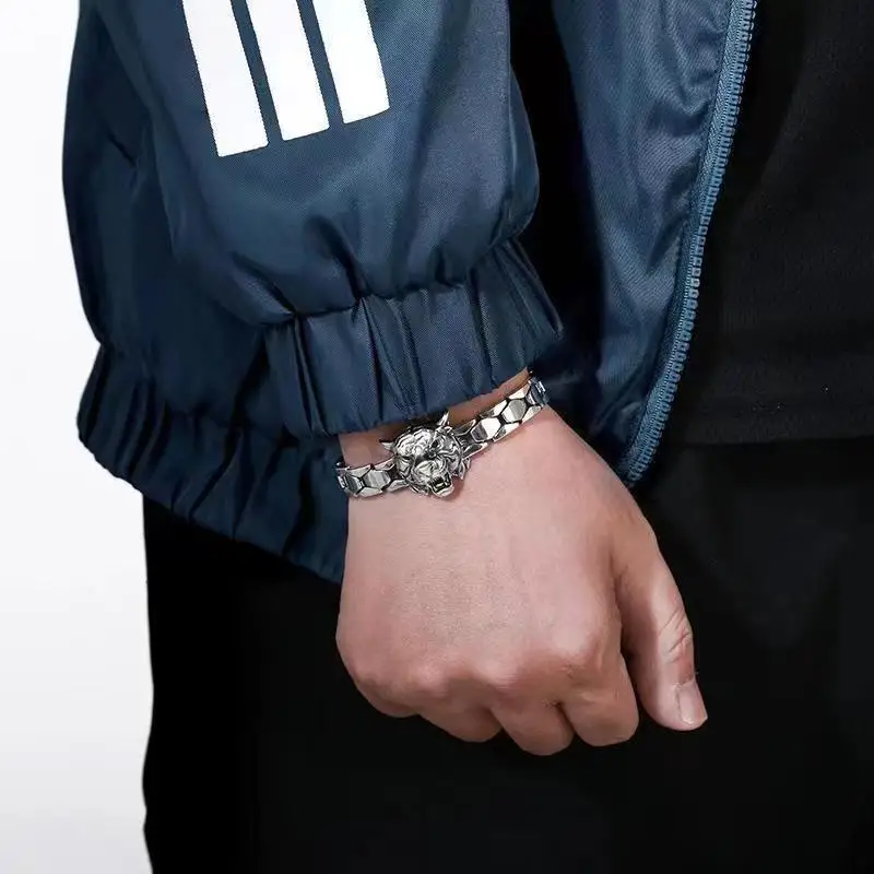 Original Design Tiger Head S925 Sterling Silver Domineering Tiger Zodiac Bracelet Men's Fashion Personalized Silver Gifts Bangle