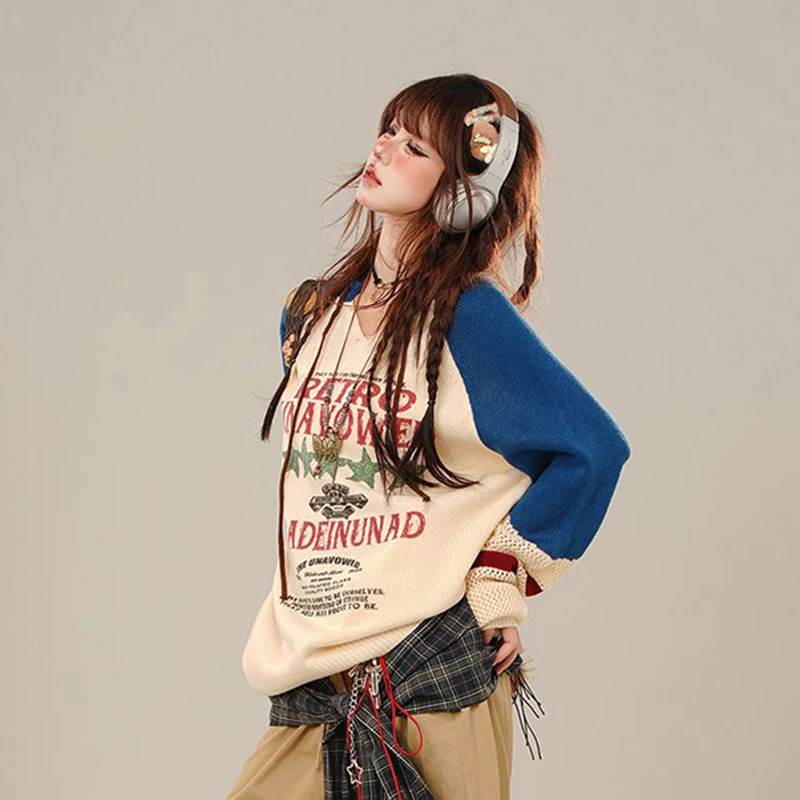 Harajuku Y2K Patchworkถักเสื้อกันหนาวขี้เกียจหลวมสบายๆเสื้อแขนยาวHollow Out Preppyสไตล์พิมพ์จัมเปอร์