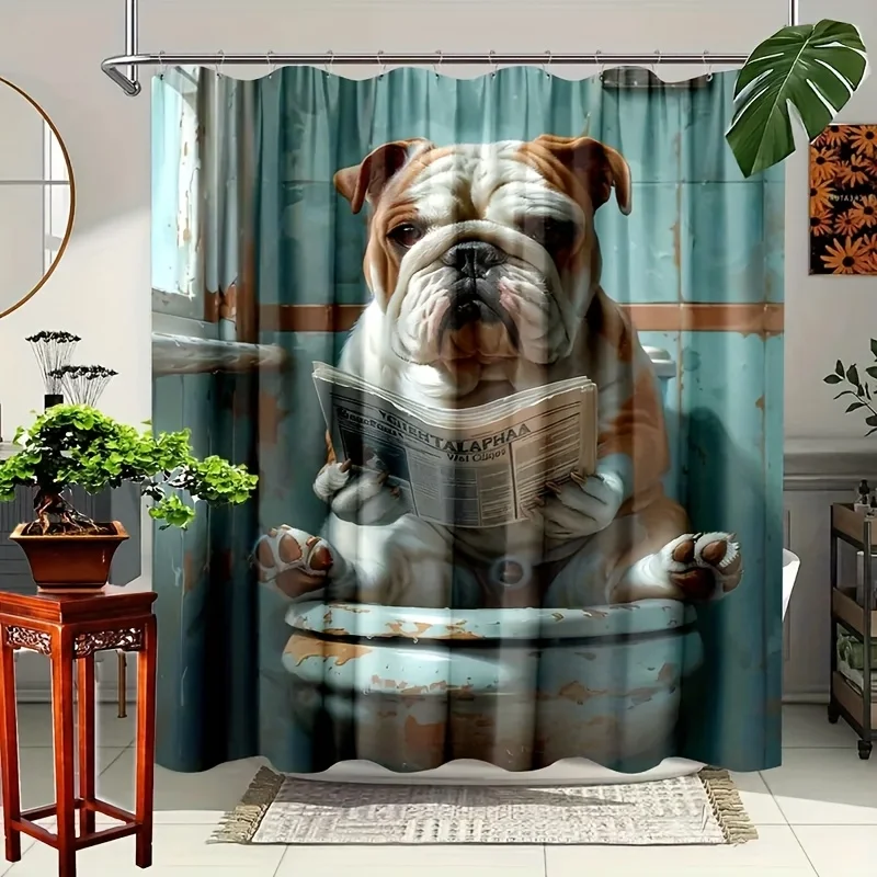 1pc Cute And Quirky Themed Shower Curtain Features a Dog with a Silly Expression Sitting in a Toilet-Like Spot Reading a Newspap