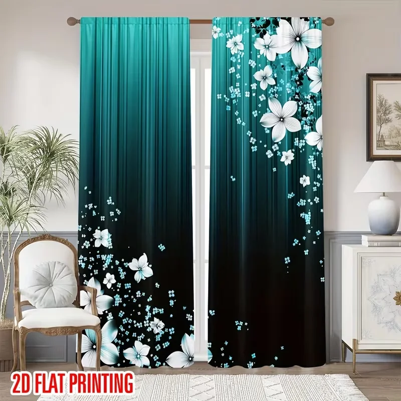 2PC Teal Black Floral Gradient Sheer Curtains - Sleek Modern Floral Print Window Drapes for Bedroom Living Room Decor