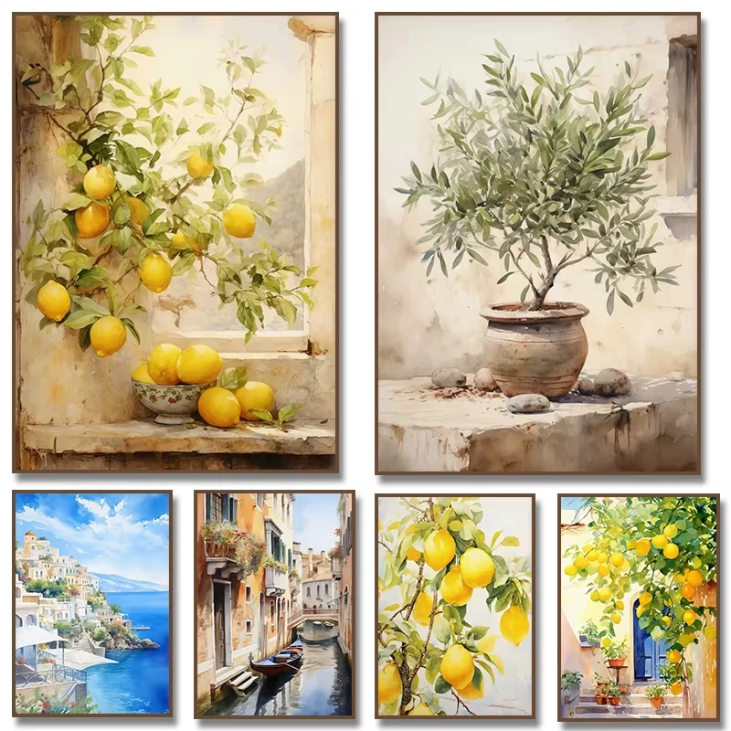 Italian Lemon Olive Tree Retro Mediterranean Greece Landscape Poster Canvas Painting Wall Art Pictures Home Interior Decor