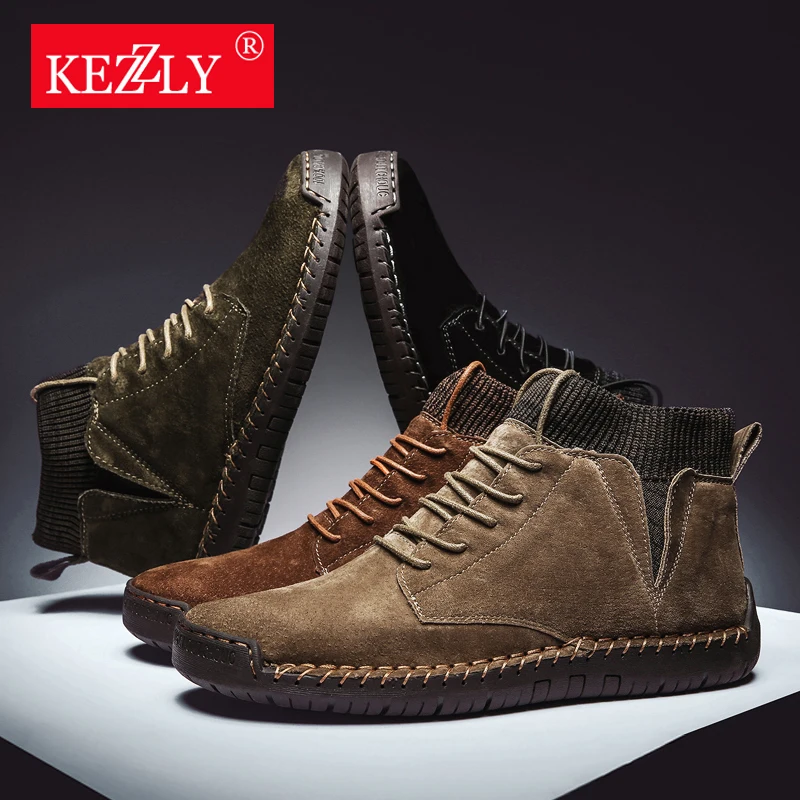 KEZZLY Winter Warm Men Snow Boots High Quality Cow Suede Man Ankle Boots Fur Men Shoes Plush Autumn Basic Drive Boots Big Size