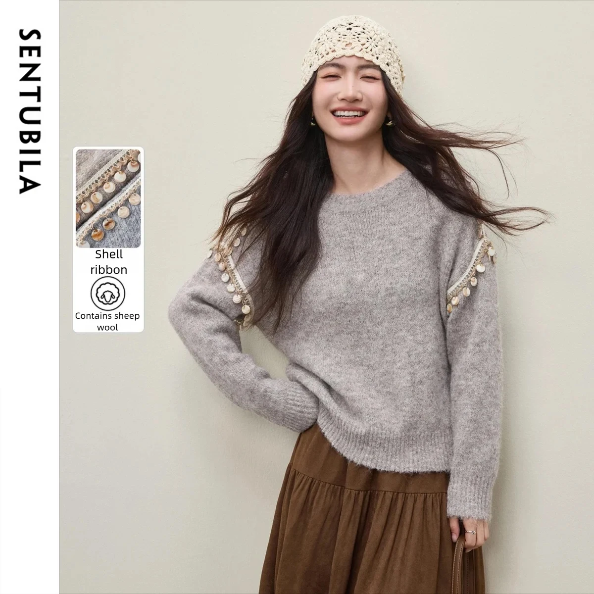 

SENTUBILA Ladies Sweater 2025 Autumn and Winter Round Neck Shell Ribbon Loose Fit Knitwear Bohemian Warm Woman Tops W54EE3859