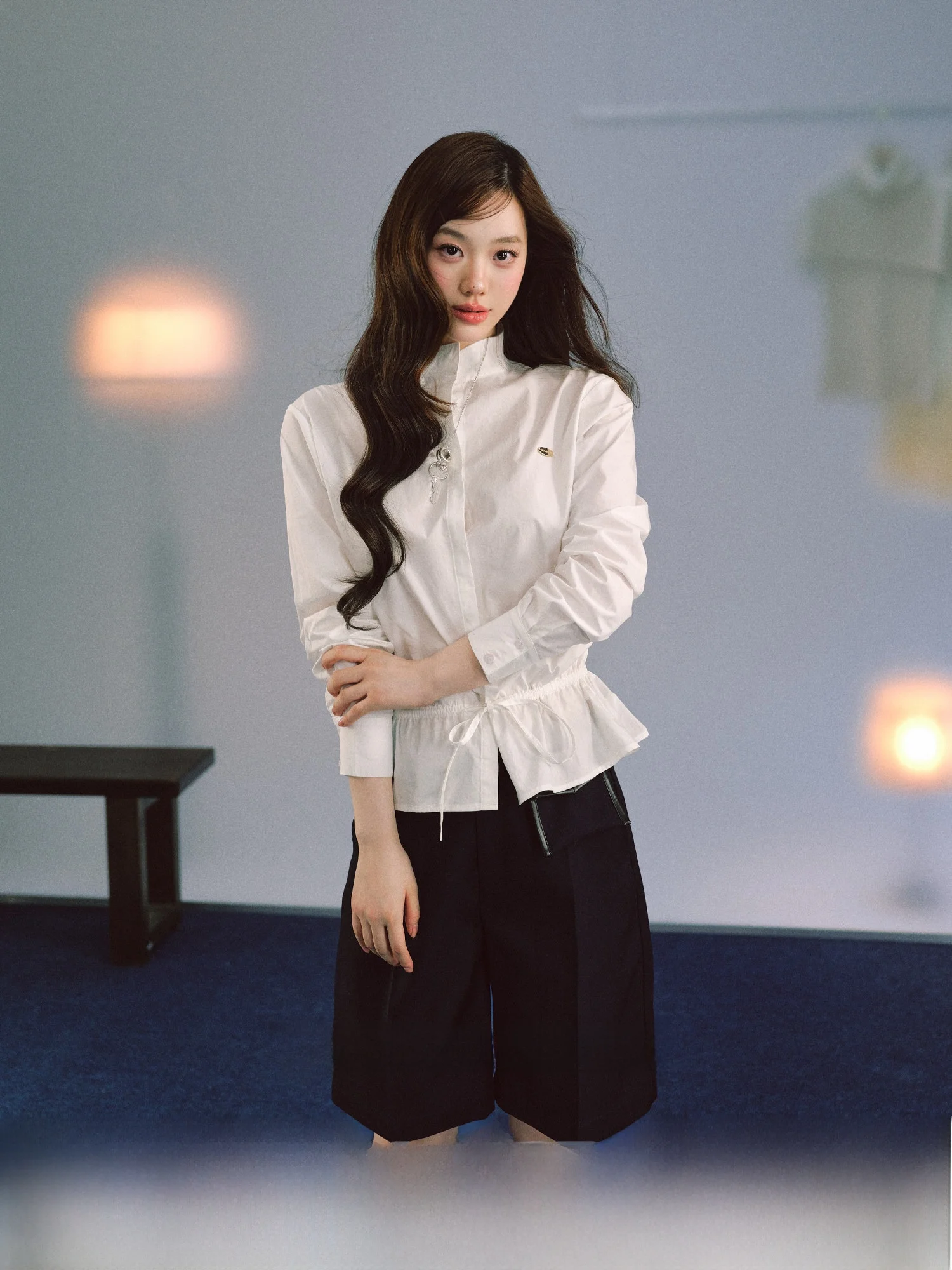 

LaluneDuCiel Art School Sister Pure Cotton Korean Sle Lazy Casual Dstring irt Women's Top Long Sve Stand Collar